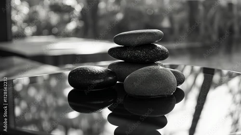 Aufkleber stack of black rocks on a table. the rocks are arranged in a pyramid shape. concept of stability and