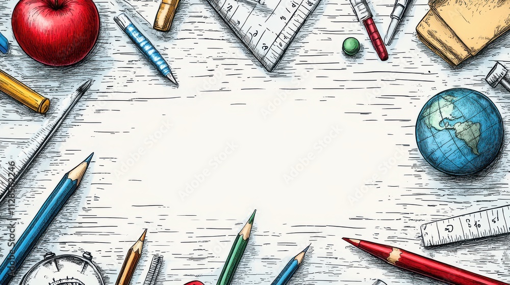 Poster vector frame border for education in schools featuring a globe pencils rulers right angles apples cl