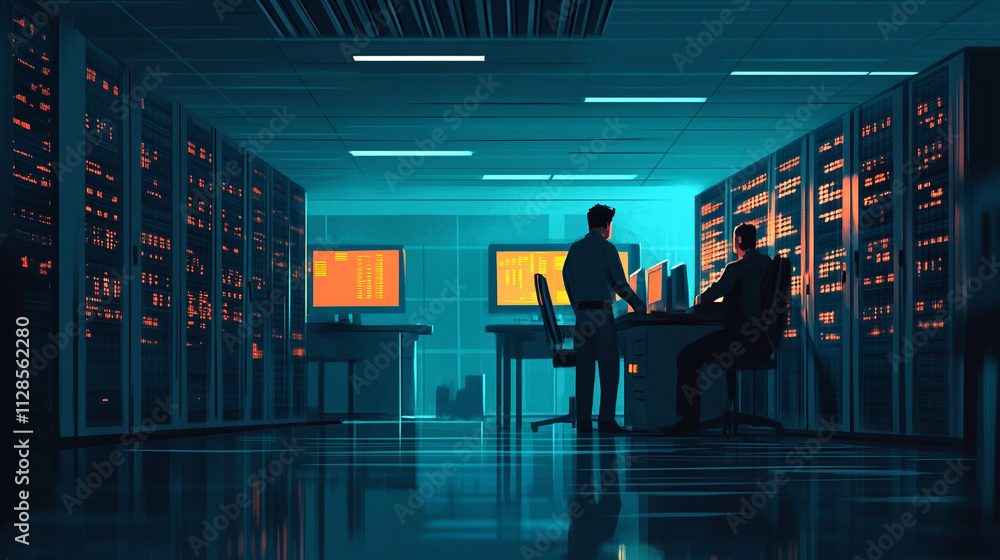 Poster database administrators manage servers in a dimly lit data center during late evening hours