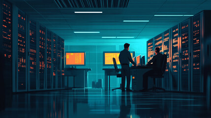 Database administrators manage servers in a dimly lit data center during late evening hours