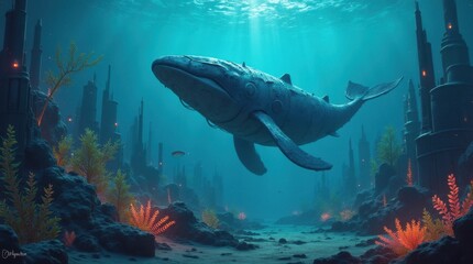 Fototapeta premium Underwater Glowing Creatures Illustration