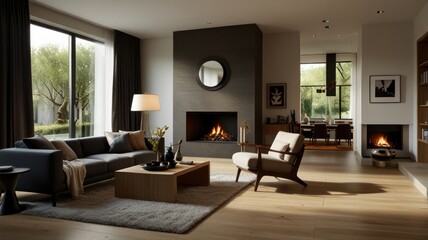 Modern living room with fireplace and large windows. (1)
