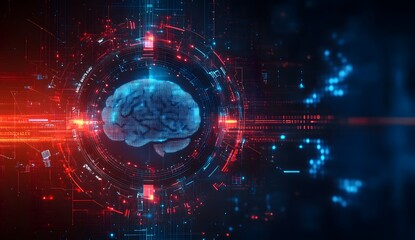 Obraz premium Futuristic Digital Brain with Red and Blue Cyber Elements, Representing Artificial Intelligence