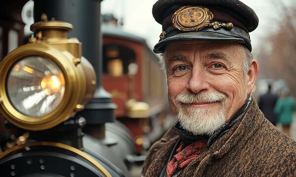 Smiling senior man in vintage train conductor cap near steam locomotive.