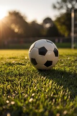 Fototapeta premium Football resting on grass, surrounded by golden sunlight.