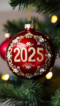 Esfera navide&ntilde;a roja con "2025", adornada con detalles dorados y colgada en un &aacute;rbol decorado