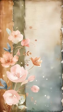 Fondo de lino envejecido con tonos terrosos y flores en acuarela, textura vintage y c&aacute;lida nostalgia