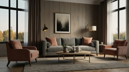 Modern living room interior with sofa and armchairs.