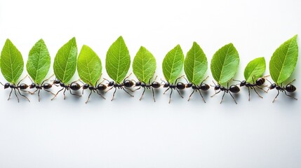Group of red ants carrying a green leaf, teamwork and cooperation concept 