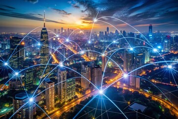 Fototapeta premium Aerial View of a Global Financial Network with Digital Connections Illustrating the Impact of Fintech and Blockchain Technology in Low Light Photography