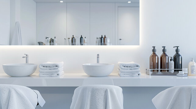 Hairdresser's professional workplace showcasing neatly arranged cosmetic bottles and towels, highlighting organization and cleanliness in a salon setting. Hairstyling services