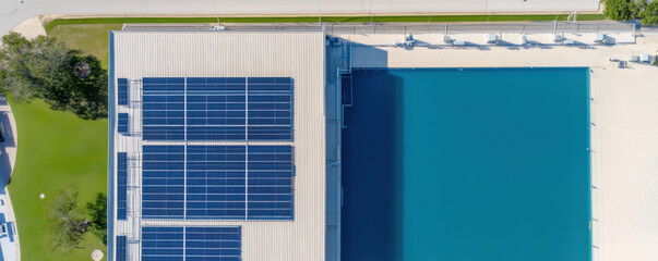 Fototapeta premium Aerial view of modern building featuring solar panels and large pool. image showcases sustainable architecture and energy efficiency in serene environment