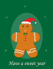 Have a sweet year text on a postcard with a gingerbread man ,