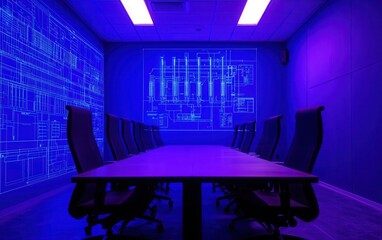 A modern conference room bathed in blue light, featuring a large table and high-backed chairs, with technical schematics projected on the wall.