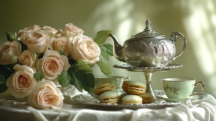 An elegant tea still life with a vintage silver teapot, crystal teacups, and green tea biscuits served on a tiered tray, styled with fresh roses and a sophisticated backdrop. --ar 16:9