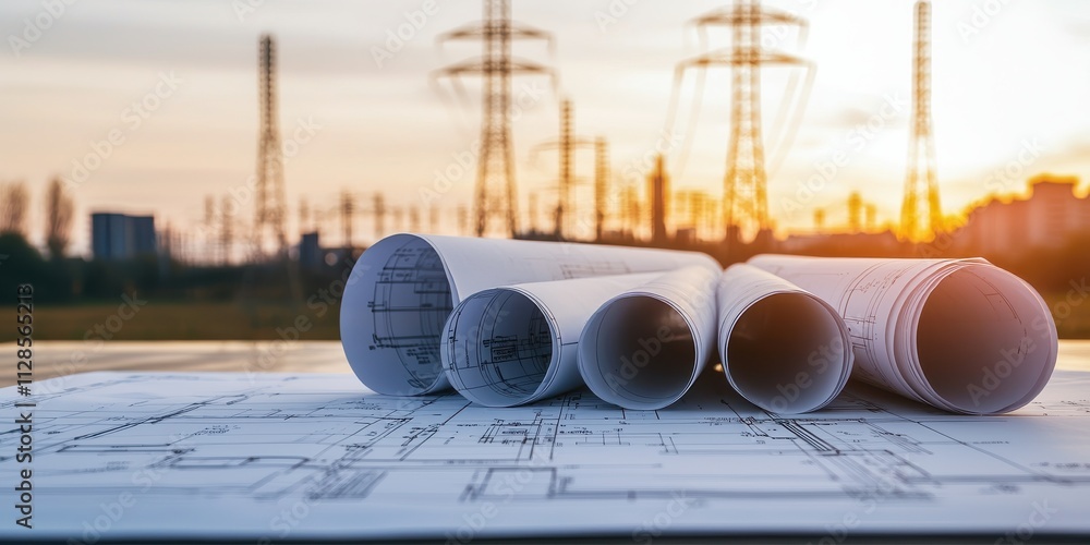 Poster a close-up of architectural blueprints with rolled plans in the foreground, set against a backdrop o