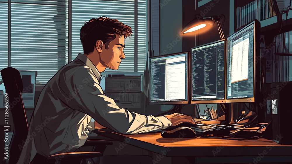 Poster young professional coding in a modern office at night with multiple computer screens