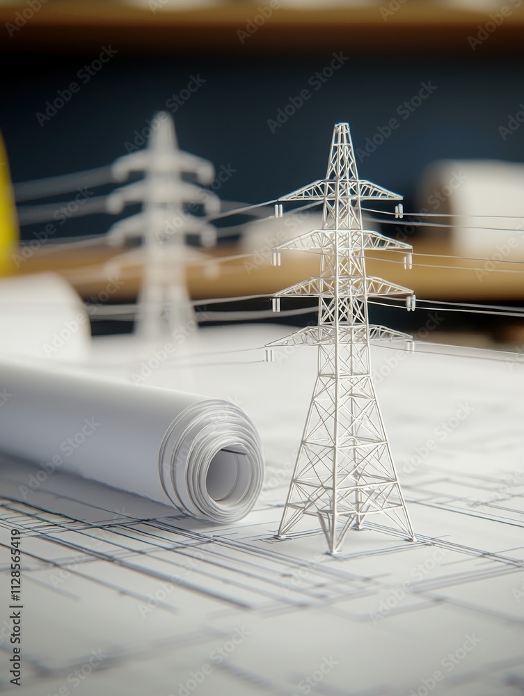Poster a model power line tower stands next to rolled blueprints, highlighting the intersection of engineer
