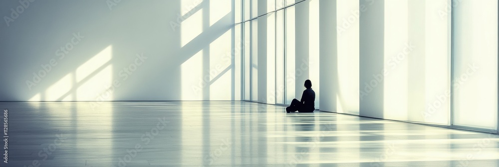 Poster a solitary person sits quietly on the smooth floor of a vast, sunlit gallery, embracing the tranquil