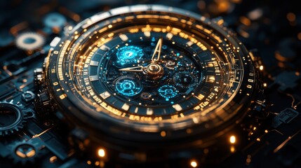 watch dial screen technology background used as a time indicator and time measure geometric shapes are used in the background with cogs underneath centered on the tone of dark blu