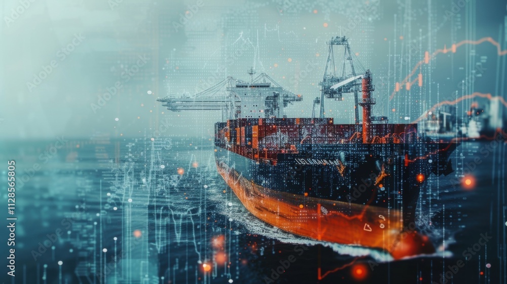 Poster a series of fluctuating graphs overlaid with images of cargo vessels showcasing the complex relation
