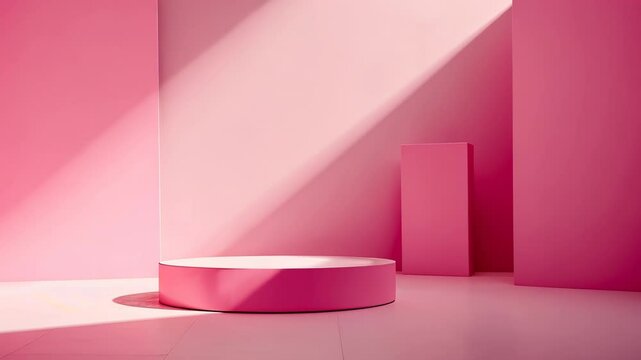 Pink room with a pink wall and pink floor. The room is empty and has a pink pedestal in the middle