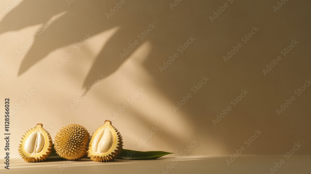 Poster artistic still life featuring durian segments with soft shadows and natural light. unique texture an