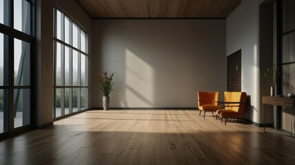 Sunlit modern room with hardwood floor, large windows, and orange chairs.