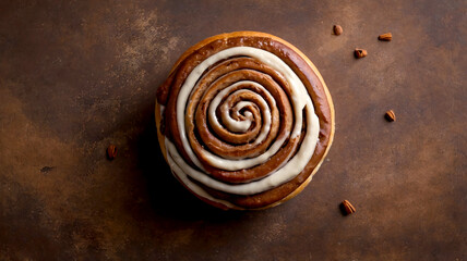 Close-up of a cinnamon roll on a neutral background, top view, flat lay