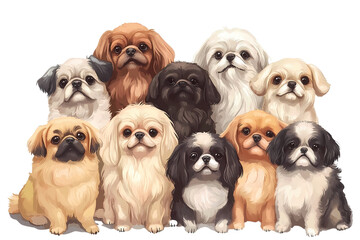 Cute 10 Pekingese dogs group sitting together. Cartoon style. Transparent background. PNG