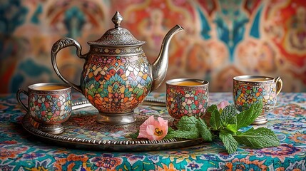 An ornate Moroccan tea set with a silver teapot, intricate cups, and a tray adorned with mint leaves, placed on a vibrant patterned tablecloth with warm ambient lighting. --ar 16:9