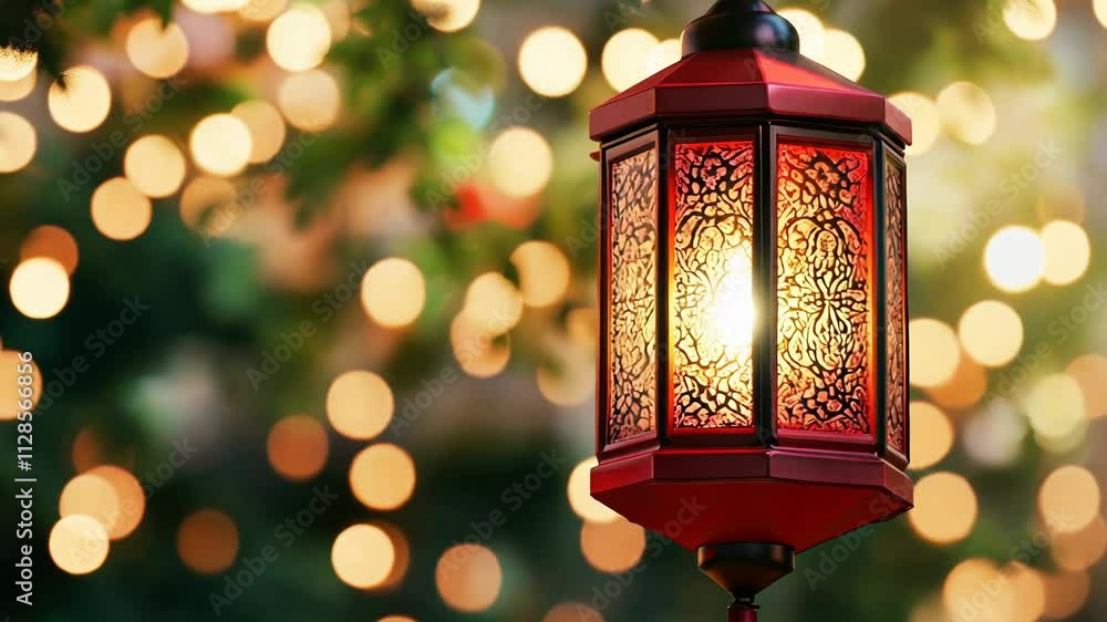 Poster red lantern hanging from a tree with a light inside. the lantern is lit up and the light is shining 