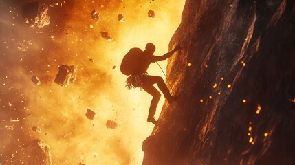 a person climbing over rocky obstacles, glowing with determination and persistence in the face of challenges. 