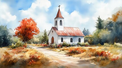 watercolor painting of a little church in the countryside