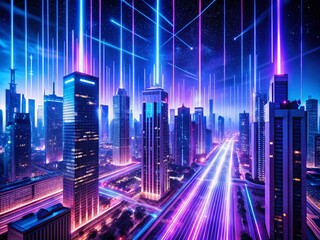 Obraz premium Aerial View of an Abstract Neon Urban Landscape with Glowing Ultraviolet Vertical Lines in a Virtual Reality City Scene Under the Night Sky with Skyscrapers and Empty Streets
