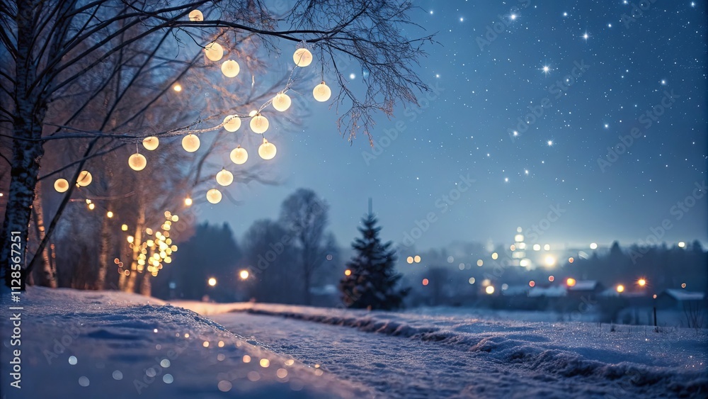 Poster a snowy landscape with a tree lit up with lights and a city in the background