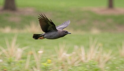 Obraz premium Detailed close-up of a single bird in flight, shot mid-air with its wings spread wide