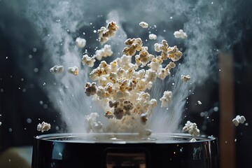 Popcorn exploding from a maker creating a steamy cloud