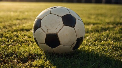 Fototapeta premium Close-up of a football with bright grass and golden sunlight ambiance.
