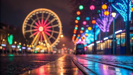 A city street with a Ferris wheel in the background