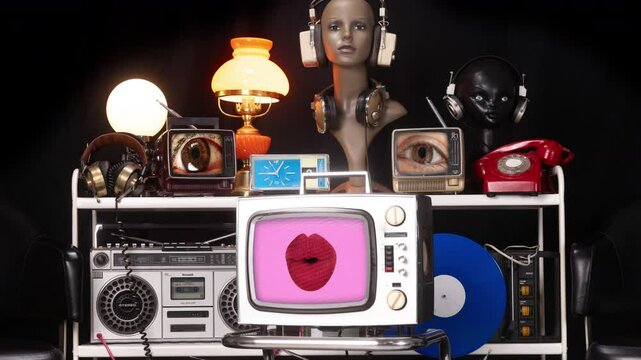 retro and vintage objects with lips and eye on the televisions