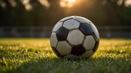 Fototapeta premium Football nestled in grass, bathed in warm natural sunlight.