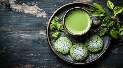 Matcha cookies styled on a rustic wooden table with a cup of matcha latte, fresh green tea leaves, and a light dusting of powdered sugar, soft natural lighting. --ar 16:9