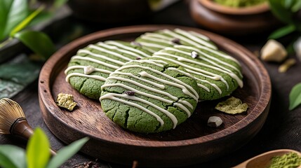 Matcha cookies styled with white chocolate drizzle, surrounded by fresh matcha leaves and a vintage wooden spoon on a rustic table, natural and vibrant lighting. --ar 16:9