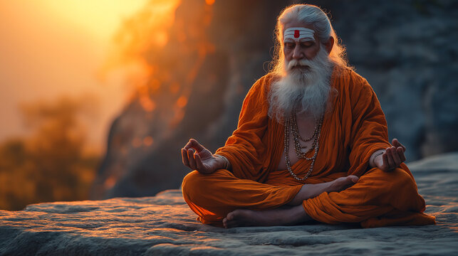 Elderly Indian yogi practicing meditation in serene natural setting during sunset