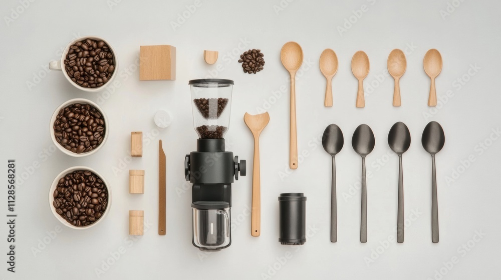 Poster coffee beans are artfully arranged alongside cups, spoons, and a coffee maker, providing a stylish l