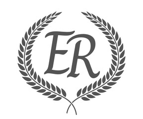 Initial letter E and R, ER monogram logo design with laurel wreath. Luxury calligraphy font.
