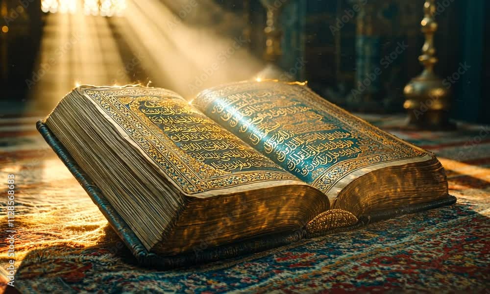 Poster an open book with intricate calligraphy and golden accents, illuminated by soft light.