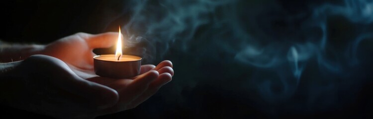 A warm candle flame held delicately in hands, casting a serene glow in the darkness.