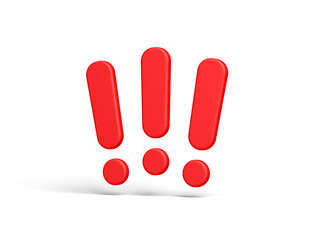 Three red exclamation marks isolated on white background. 3d illustration.